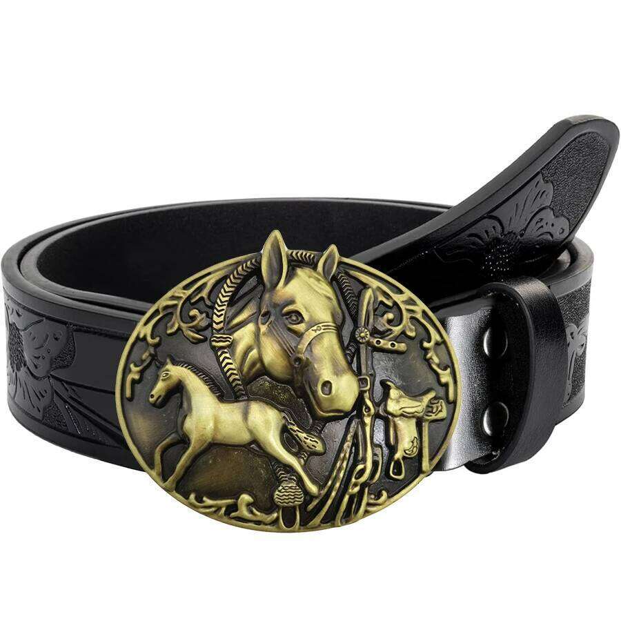 1pc men's western-style belt, paired two horses, patterned bottom cover with big cow head, carved floral patterns and long Y260225