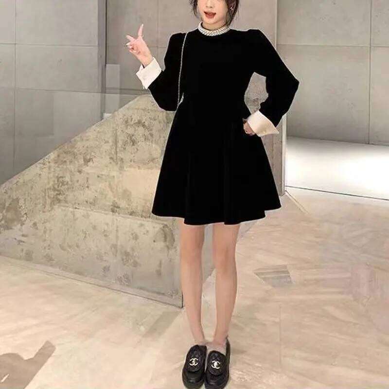 Fashion Beading Mini Dress Round Neck Spring Autumn Solid Color Women's Clothing Aura Elegant A-Line Waist Basic Spliced Dresses XJ260225