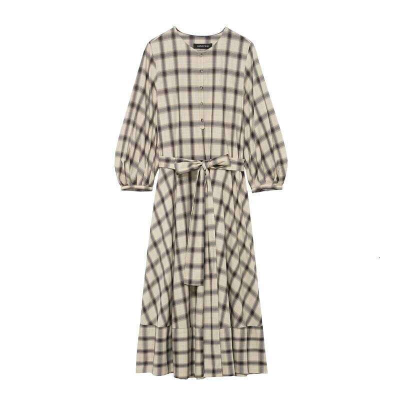 Women's Plaid Long Sleeve Midi with Belt - Vintage Checked Button Front Dress for Casual & Office XJ260225