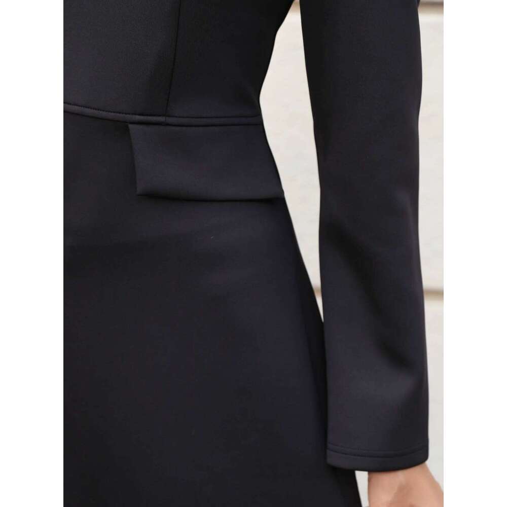 Elegant Solid Color Holiday Party Spring Autumn High Collar Slim Wide Hem Elastic Knitted Fabric Midi Long Sleeve Dress XJ260225