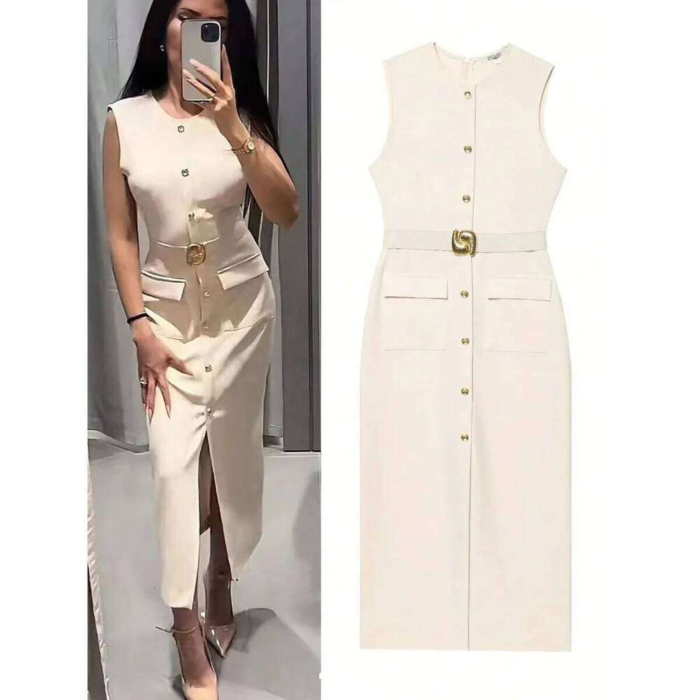 Womans Sleeveless Crew-neck Solid-color Waist-cinched Dress Tailored Button-down Long Skirt for Commuting Wear Formal Dinners XJ260225