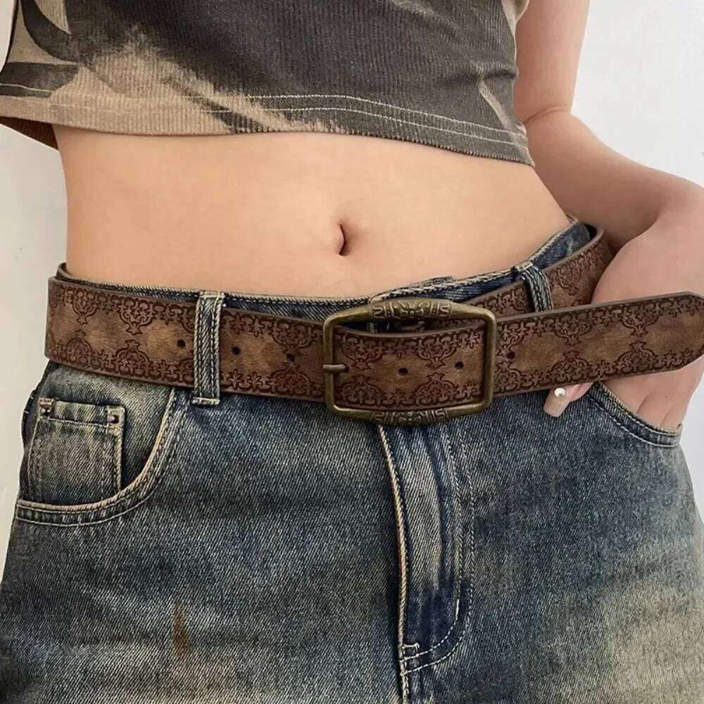 Western Brown PU Female Cowgirl Waist Belt Designer for Women Jeans Y2K Vintage Printed Pin Buckle Belts Y260225
