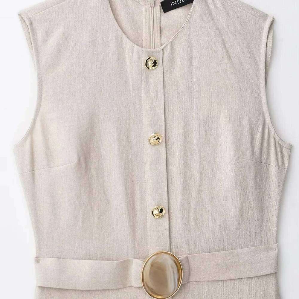 Elegant Linen Blend Belted Sleeveless Midi for Women Office Workwear Summer Vest Dress XJ260225