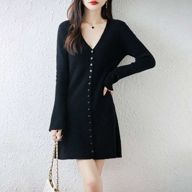 Yoyoselect 100% Merino Wool Women's Mini V Neck Bottoned Knitted Dress A Line Soft Warm Autumn Winter Cashmere Dresses XJ260225