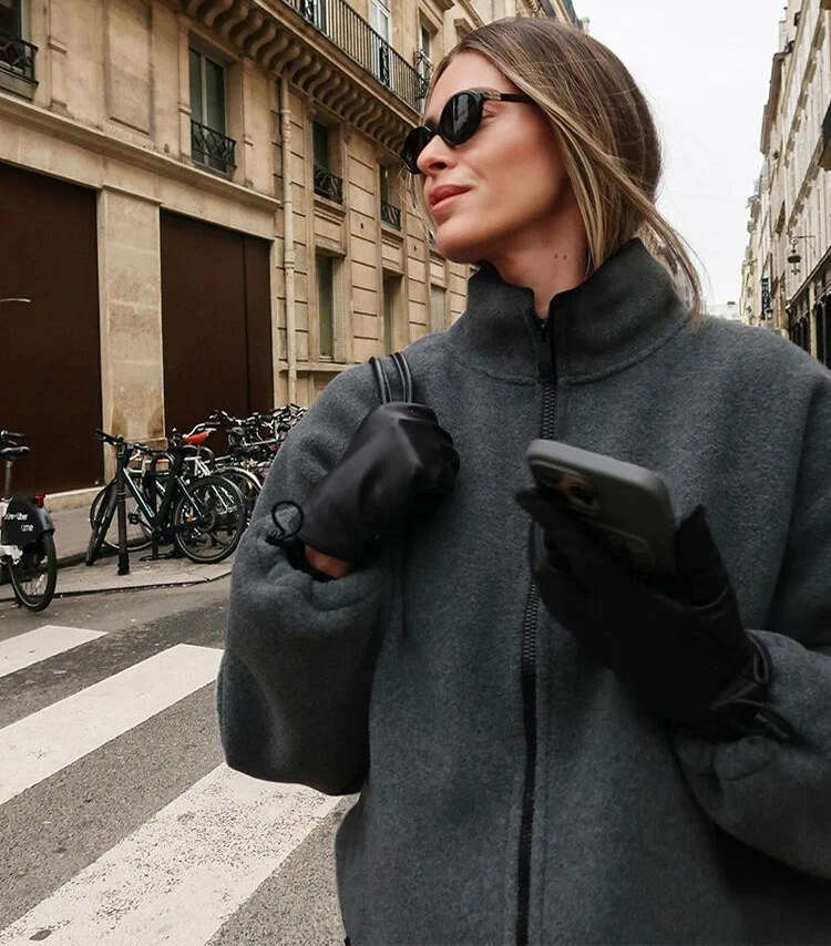 Women's wool stand up collar jacket casual gray zipper drawstring warm jacket 2026 autumn and winter fashionable women