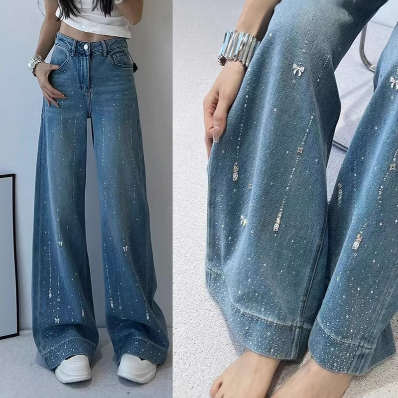 Women's Jeans Spring Autumn New High-Waisted Rhinestone Bow Slim-Fit Jeans for Women