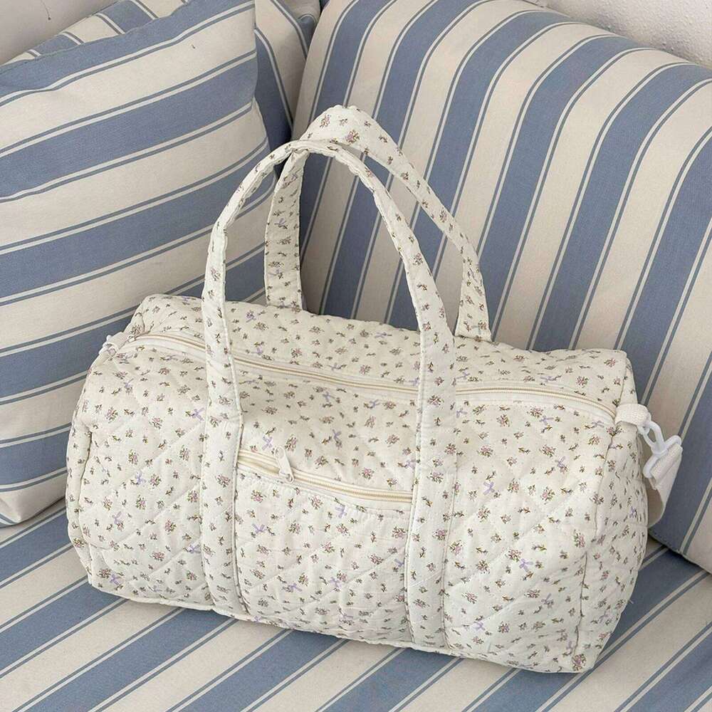 Cotton Quilted with Zipper Overnight Floral Print Tote Bag for Women Weekend Travel Shopping Y260225