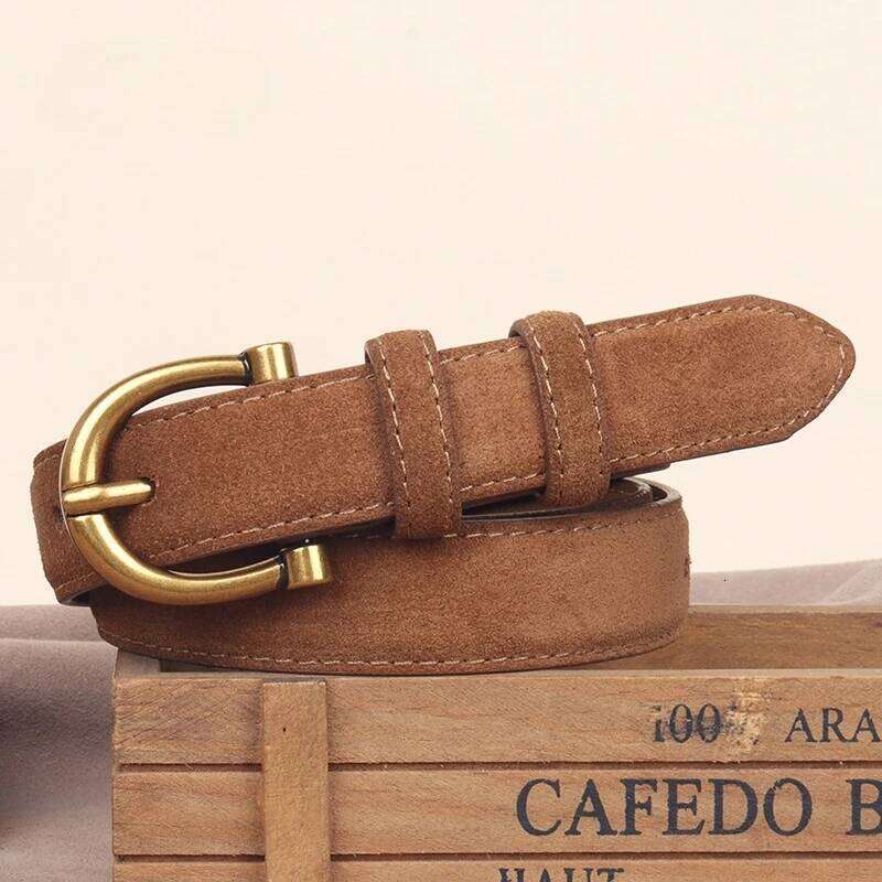 Genuine Leather Suede Women Belt Fashion Skinny Waistband Retro Gold Buckle Brown Belts for Jeans Pants Y260225