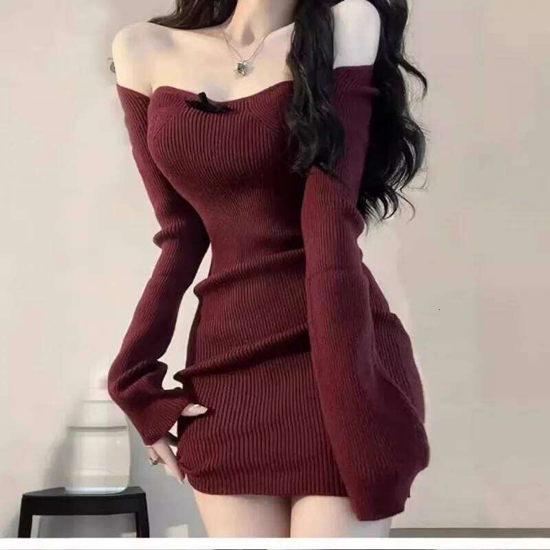 Square Neck Knitted Dress for Women Waist-cinching Autumn Winter Inner Layering Sweater Hip-hugging Skirt XJ260225