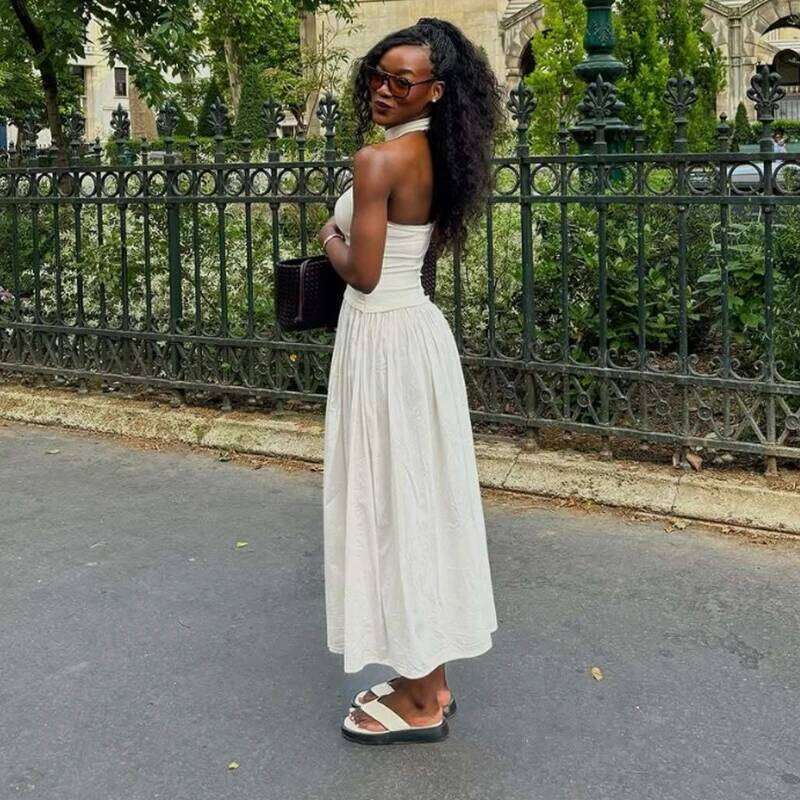 Dresses Summer Women's 2025 New Chic Elastic Slim Elegant Hanging Neck Long Women Street Fashion Youth Holiday Dress XJ260225