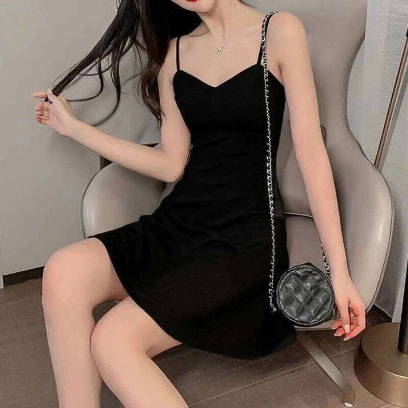 Elegant Spaghetti Strap Black for Women Sweet Sleeveless V-Neck Sling Dress Ladies Summer New A-Line Short Vestidos Mujer XJ260225