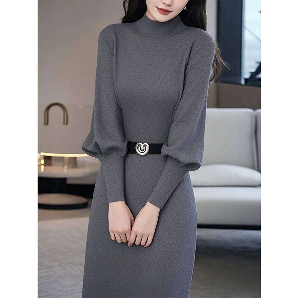 Autumn 2025 Winter New Chic Sweater Dresses Women's High-End Sense Slim Fashion Inner Waisted Grey Knitted Pullover Dress XJ260225