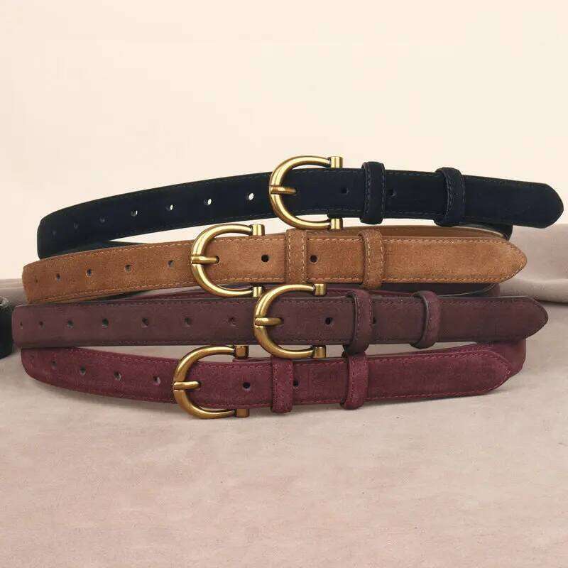 Fashion Women Belt Suede Genuine Leather Skinny Waistband Gold Buckle Wine Red Belts for Jeans Pants Casual Y260225