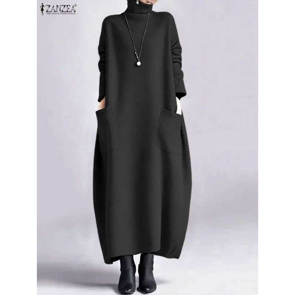 ZANZEA Fashion Sweatshirt Dress Women Casual Turtleneck Long Sleeve Solid A-Line Midi Dresses for Woman FW 2025 Cozy Warm Robes XJ260225