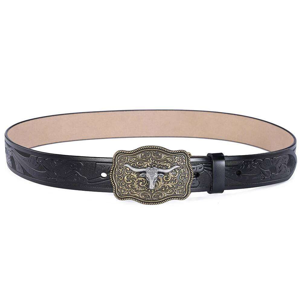 Big Bull Buckle Western Belt for Men High Quality Cowboy Faux Leather Waist Male Belts Floral Engraved Jeans Street Punk 3.8cm Y260225