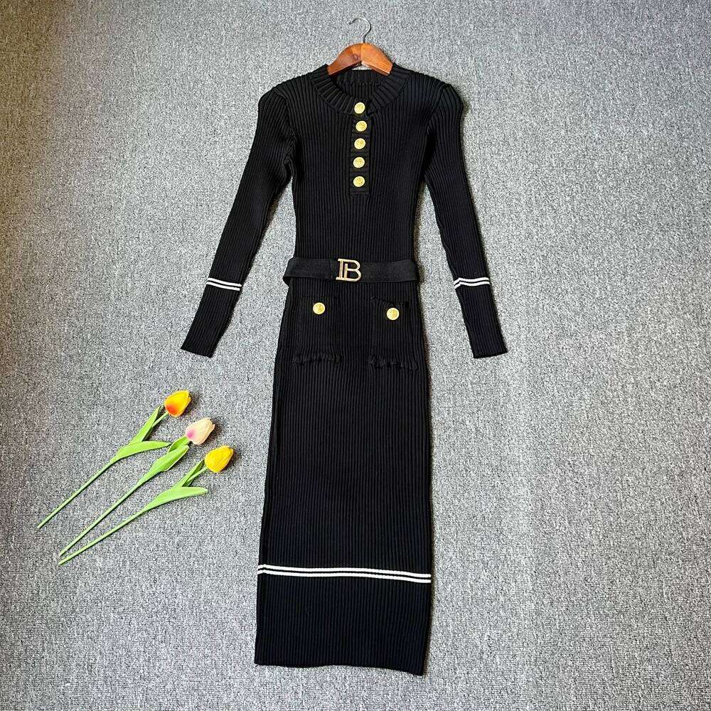 YuooMuoo Chic Fashion Elegant Package Hips Knitted Midi 2025 Autumn Winter Brand Style Lady Belted Bodycon Black Dress XJ260225