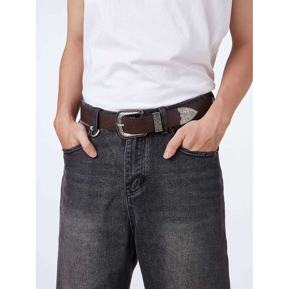 1pc Men's Western Style Distressed Pattern Leather Belt, Versatile Accessory For Jeans Y260225