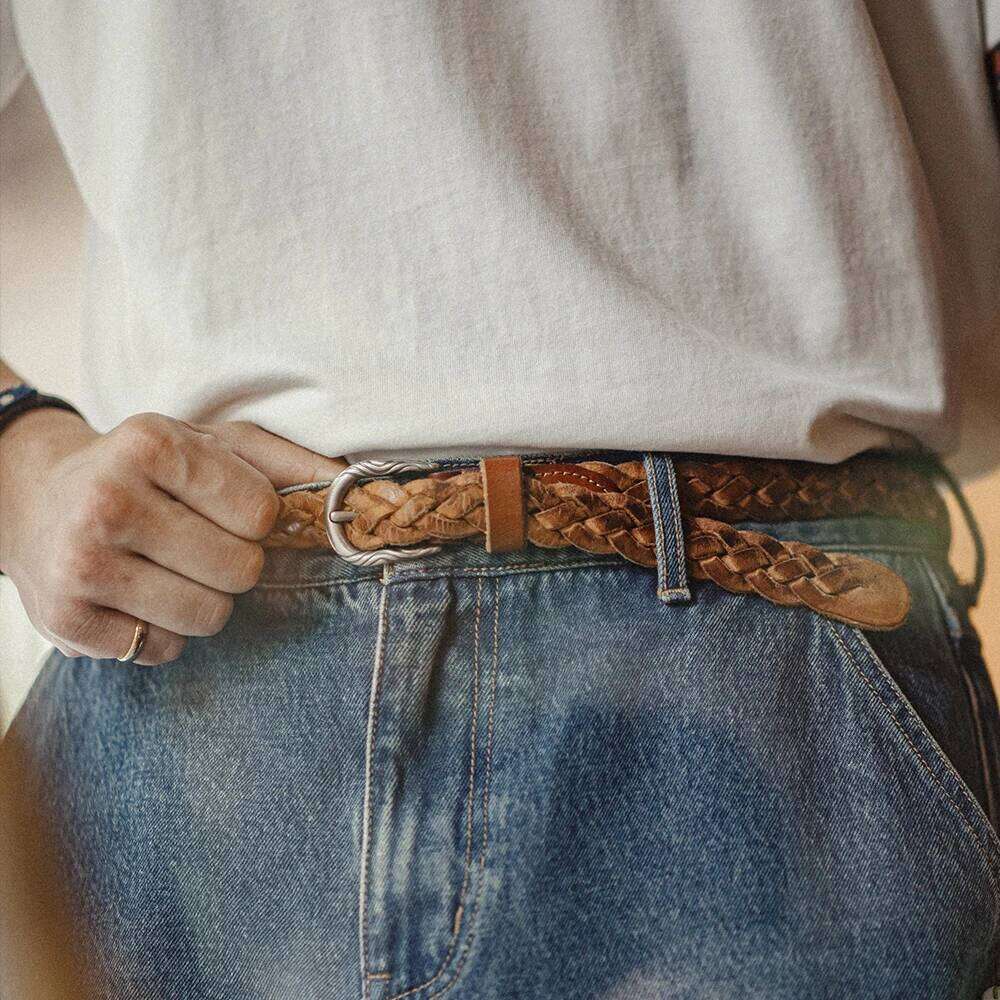 Maden Vintage Woven Vegetable Tanned Leather Accessories with Two-layer Cowhide for Men's Versatile Brown Belt Y260225