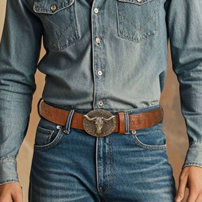 Western Leather Belts Cowboy Longhorn Bull Pattern Floral Engraved Buckle Belt for Men Y260225