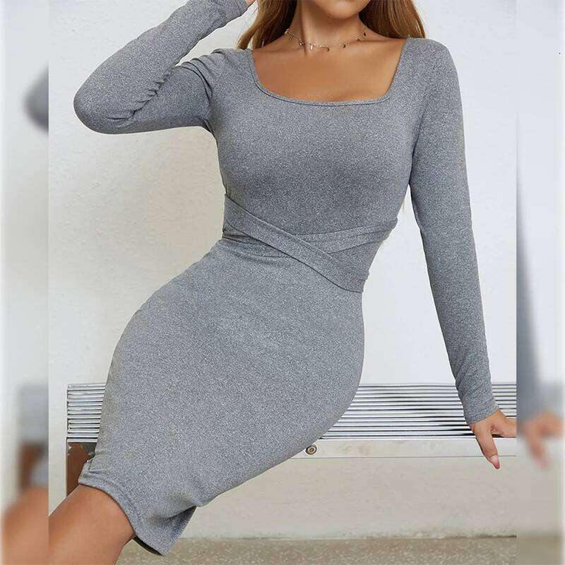 Daily Office Lady Dresses Women Sexy Square Neck Backless Wrap Hip Solid Color Long Sleeves Comfortable Streetwear Dress XJ260225