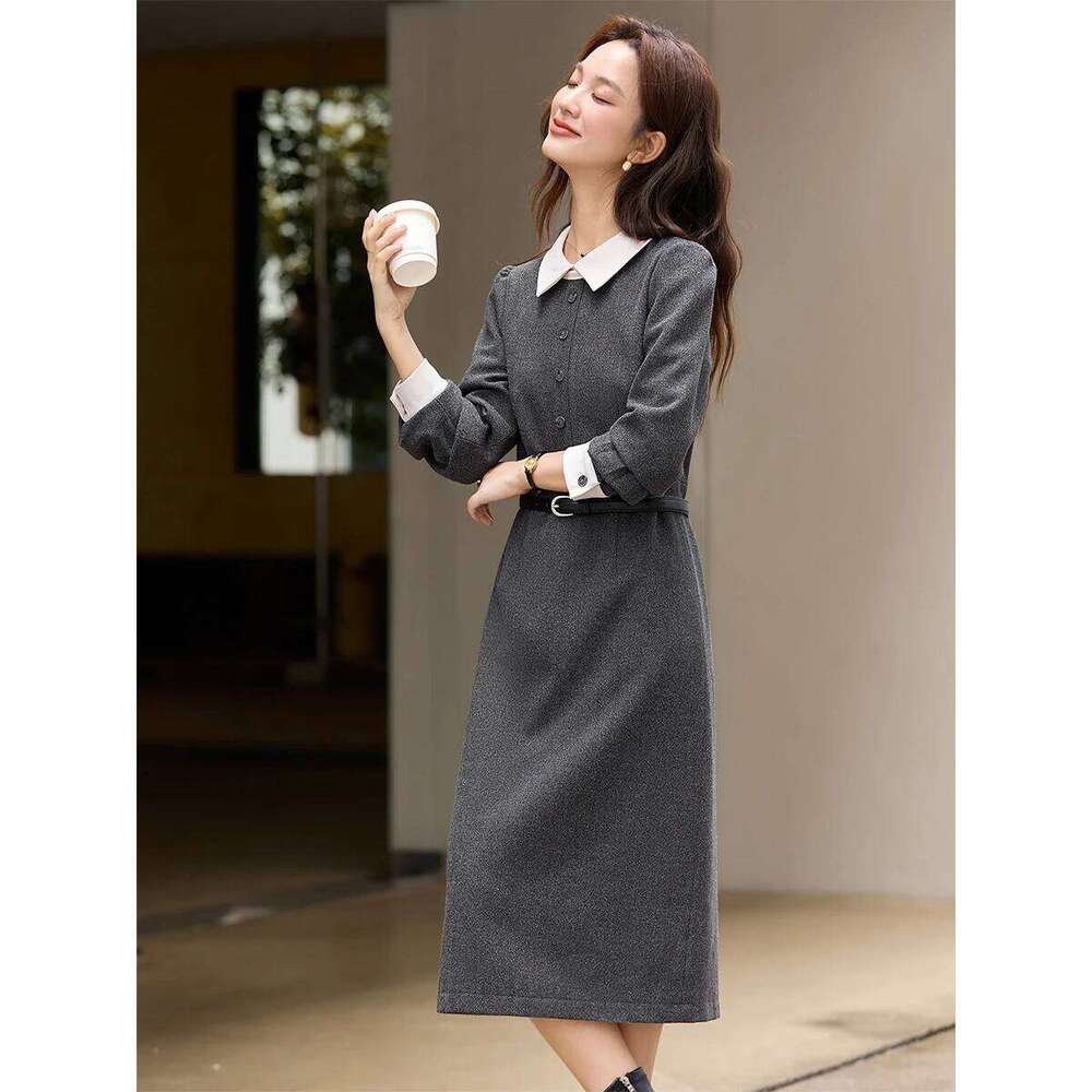 VIMLY Chic Dress for Women Casual Contrast Color A Line Long Dresses 2025 Winter Cuff Buckle Lapel Collar Female Clothing A3391 XJ260225