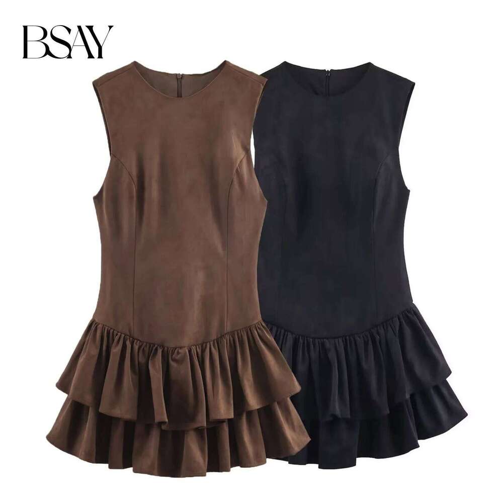 BSAY Layered Suede Effect Dress Women Fashion Autumn Winter O-neck Back Zip Vest Dresses French Chic Female Evening Clothing XJ260225