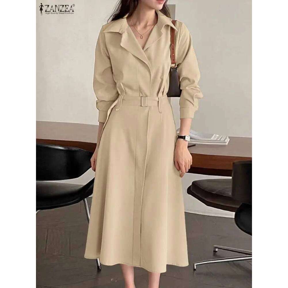 2026 ZANZEA Spring Office Lady Dresses Women Elegant Lapel Neck Long Sleeve Shirt Dress Stylish Solid OL Work Sundress Midi Robe XJ260225
