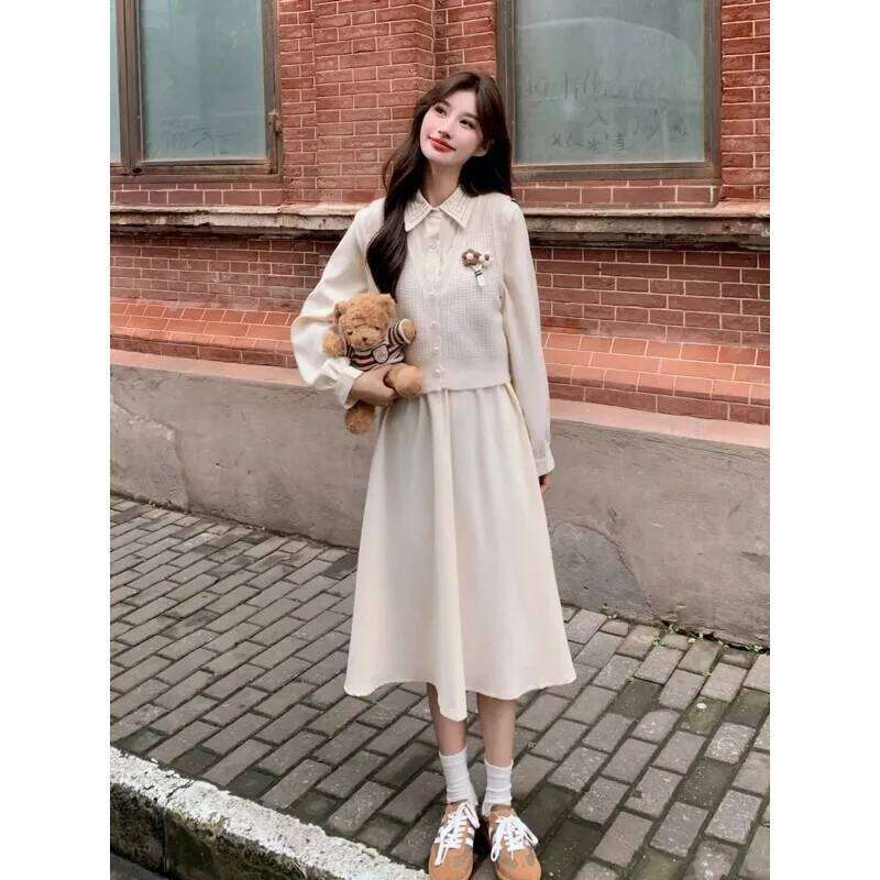 Collar Suit Spring and Autumn Women's New College Style Knitted Vest Dress Two-piece Set XJ260225