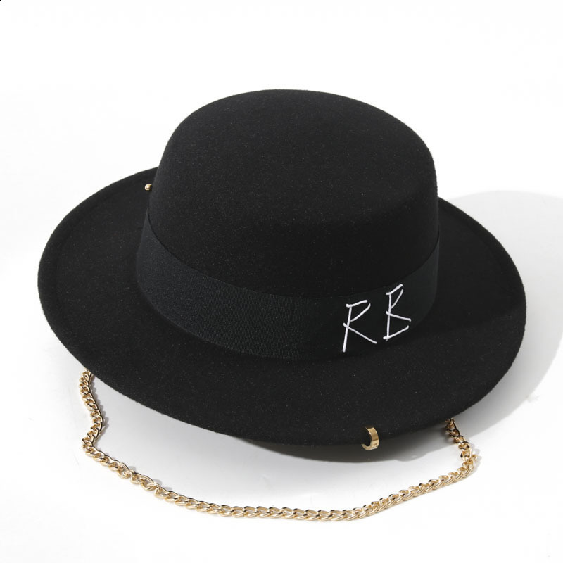 French Style Fedora Hat for Women 10CM Wide Brim Flat Top Felt Hat Fashion Metal Chain Derby Wedding Jazz Hats 250912