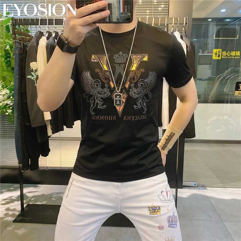 Men's Lion V-letter Rhinestone T-shirt Summer Cotton Casual Short Sleeve Plus SizeT260225
