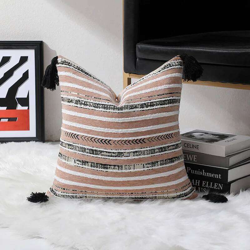 Home Decorative Pillow Textile Cushion Cover Jacquard Striped Geometric Tassel Boho Decorative Throw Pillow Case for Living Room Bedroom Home Sofa Bed