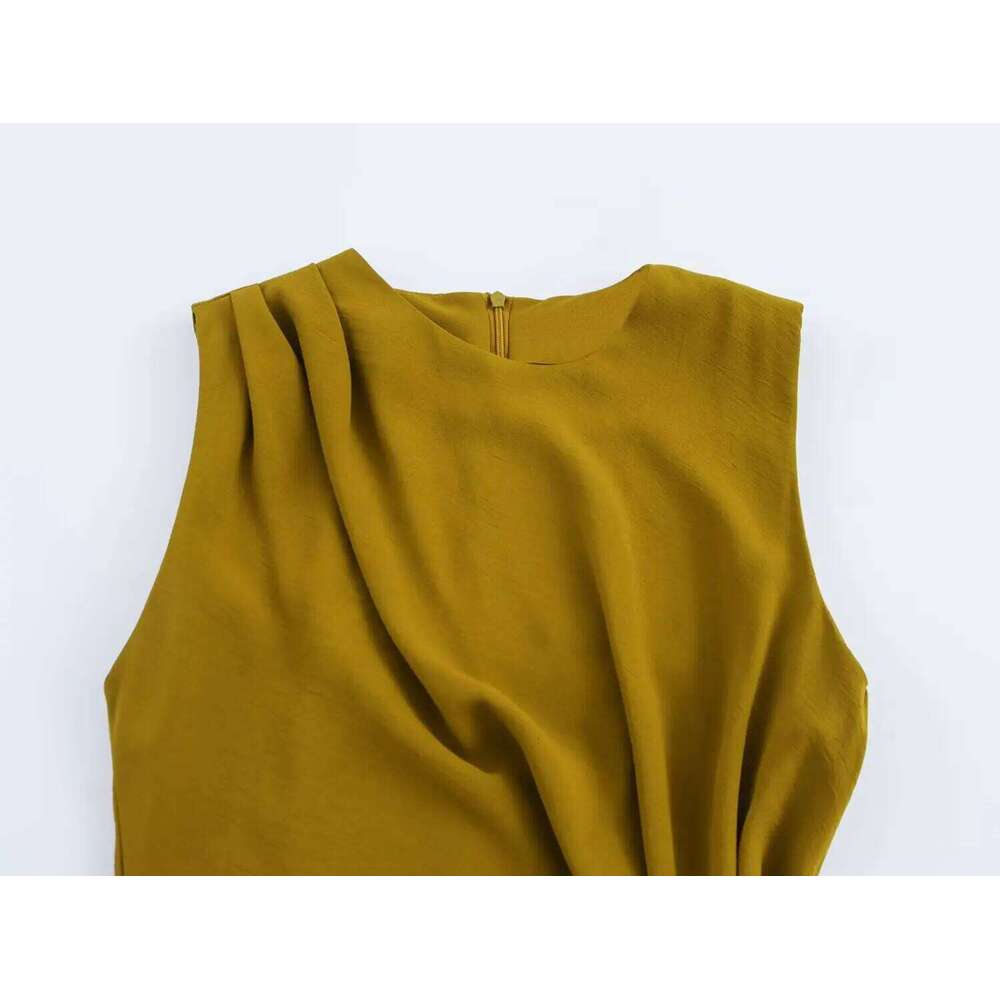 2025 summer new women's casual fashion simple pleated decoration temperament round neck sleeveless midi dress XJ260225