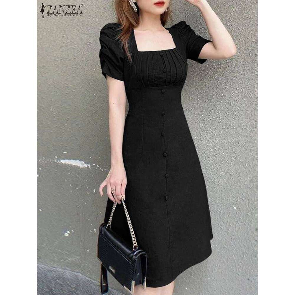 2025 Fashion OL Work Dress Women Square Neck Sundress Casual Loose Vestidos Short Puff Sleeve Solid Color Knee-Length Robe Femme XJ260225
