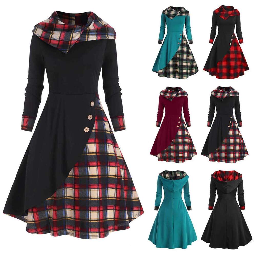 Vintage Commute Button Plaid Patchwork Hooded Dress Women's Clothing Autumn Fashion Long Sleeve Casual High Waist Midi Dresses XJ260225