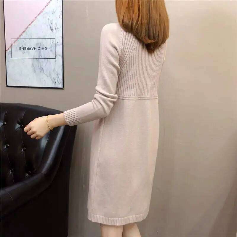 2023 Autumn and Winter Women's Pullover Half High Neck Sweater Solid Color Loose Mid Length Underlay Fashion Long Sleeve Dresses XJ260225