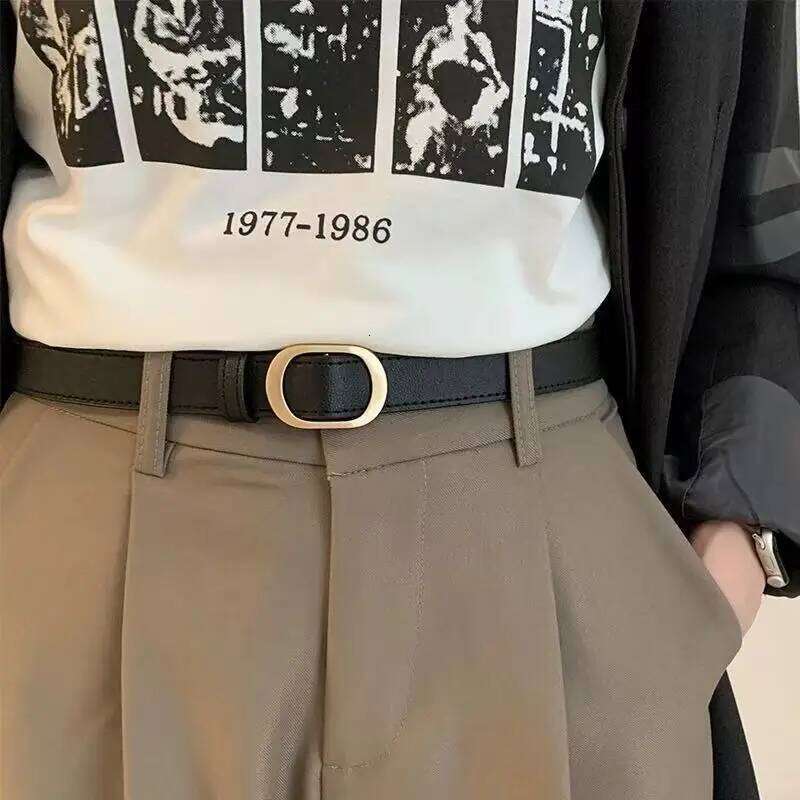 Korean retro metal buckle women; ins jeans with no holes; versatile and simple belt for students; popular trend. Y260225