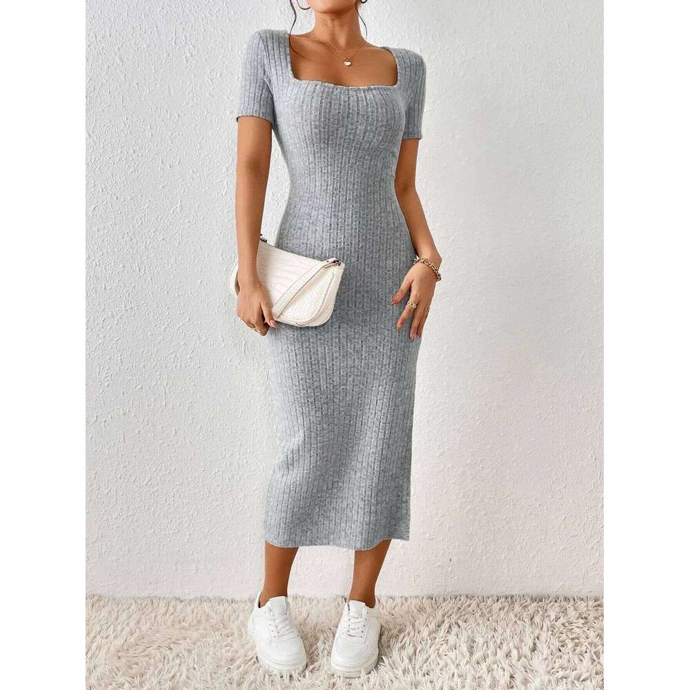 Summer Square Neck, Hip-Hugging Mid-Length Skirt, Short-Sleeved, Versatile Knitted Slit Dress XJ260225