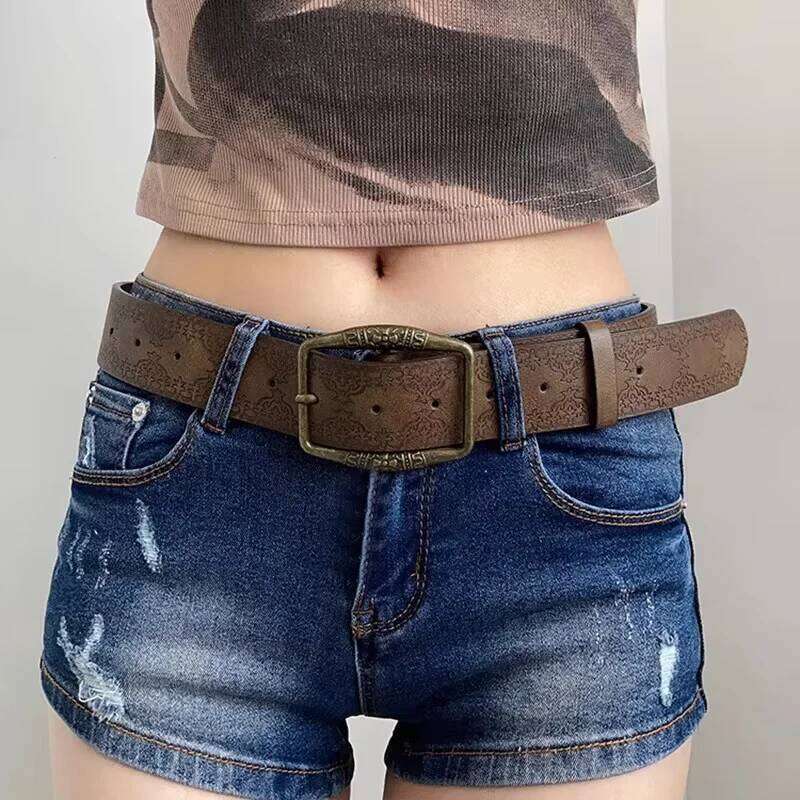 Y2K WOMEN'S New National Wind with Jeans Senior Sense of Brown Floral Embossed Belt Y260225