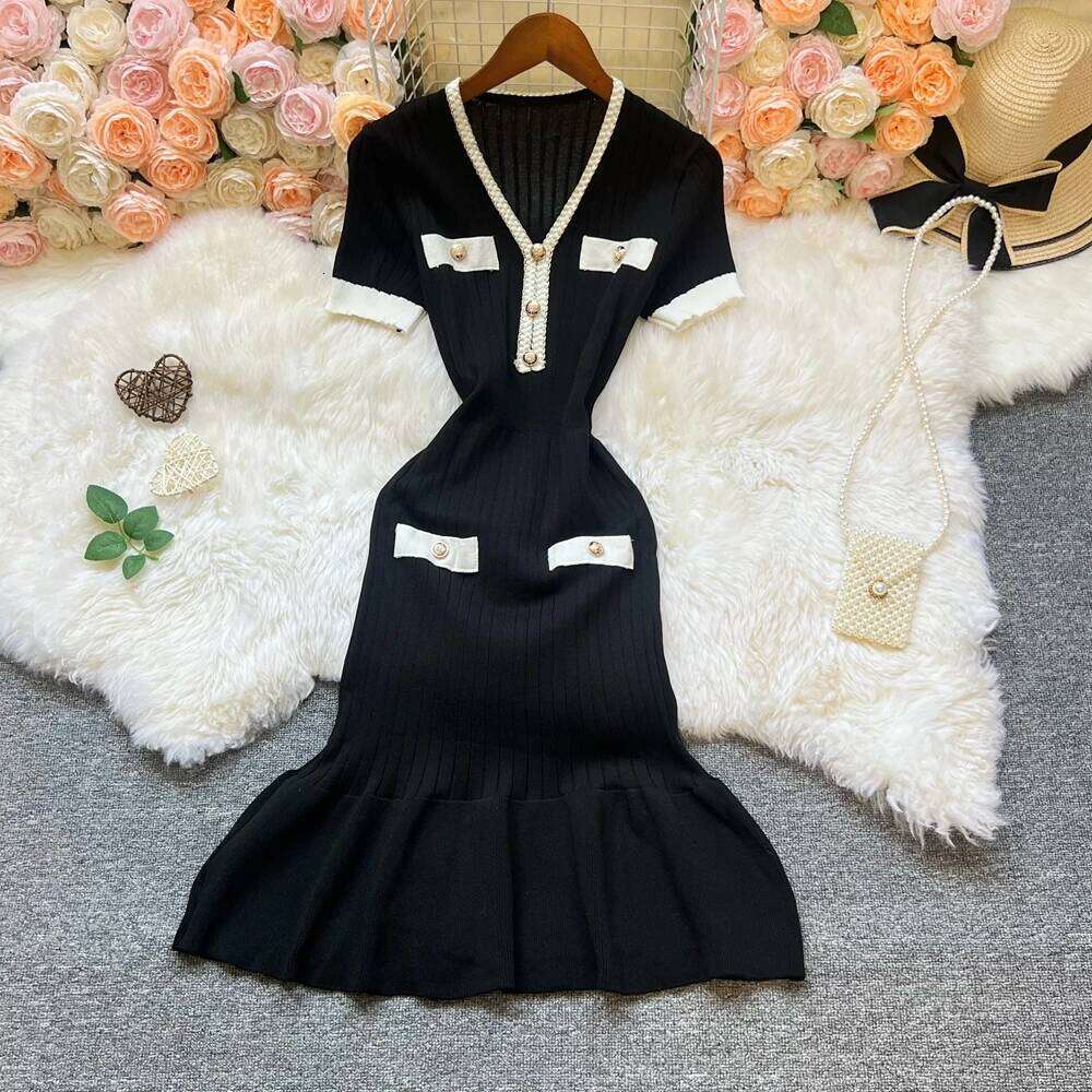 YuooMuoo Chic Fashion Sexy Package Hips Knitted Mini 2025 Summer Elegant V-neck Ruffled Party Dress Streetwear Vestidos XJ260225
