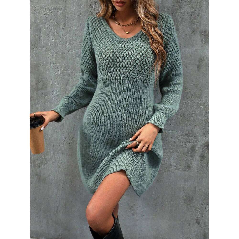 Plain Bishop V Neck Sweater Dress, Elegant Long Sleeve A Line Knit Dress for Spring & Fall, Women's Knitwear XJ260225