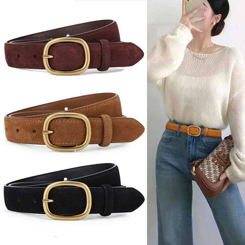 Luxury Women's Vintage Suede Belts Fashion Leather Waist Belt for Casual Dress Jeans Ladies Gold Buckle Waistband Y260225