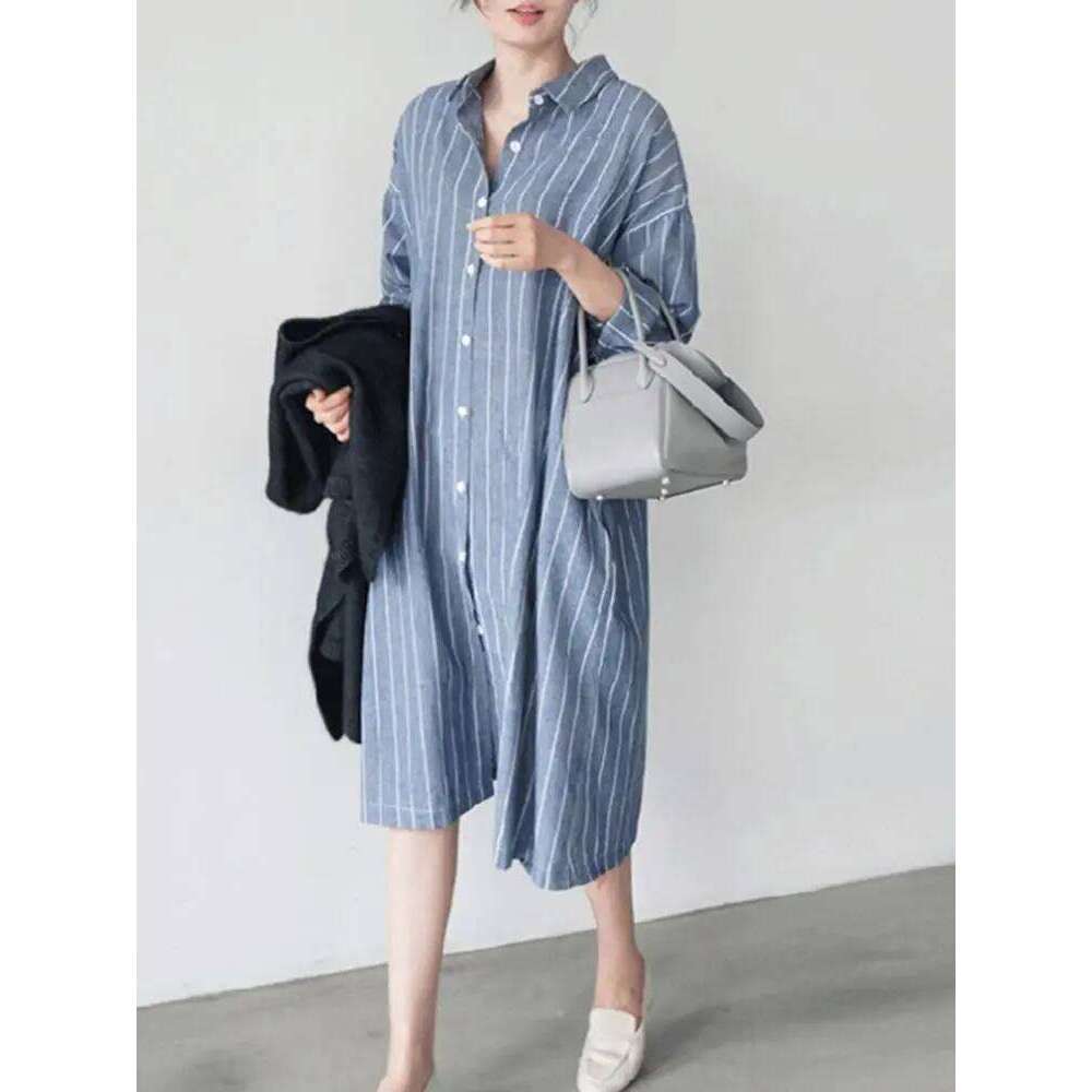 Autumn ZANZEA Elegant Shirt Dress Women Lapel Neck Long Sleeve Stripe Sundress Work Vestidos Robe Femme Holiday Kaftan XJ260225