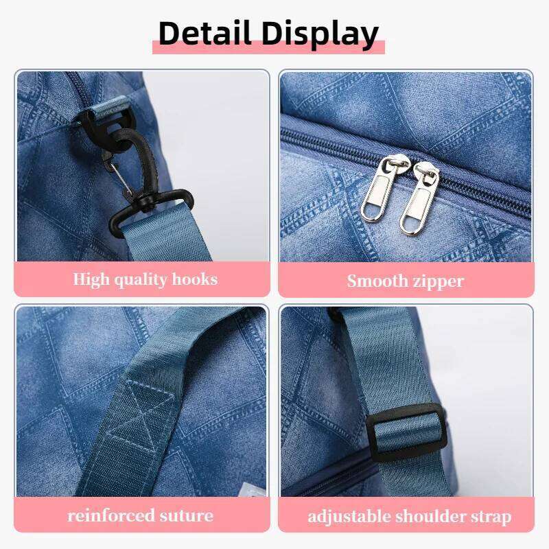 Fashion Denim Grid Shaped Travel Large Capacity, with Independent Shoe Compartment, Storage Handbag, Fitness Yoga Bag, Etc Y260225