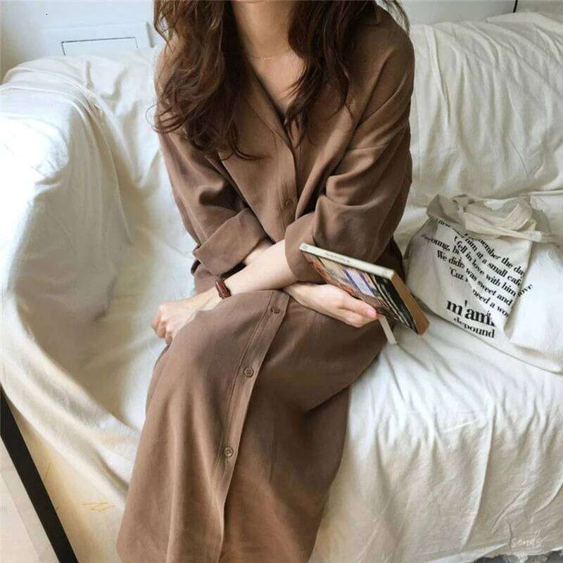 Fashion V-Neck Button Solid Color Bandage Shirt Women's Clothing 2025 Spring New Loose Long Sleeve All-match Casual Dress XJ260225