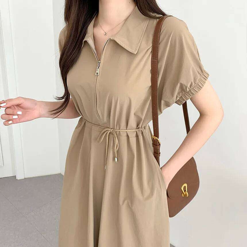 REALEFT Vintage Zipper Women's Shirt 2025 New Short Sleeve Lace-up Turn-down Collar Solid Casual Straight Loose Dresses XJ260225
