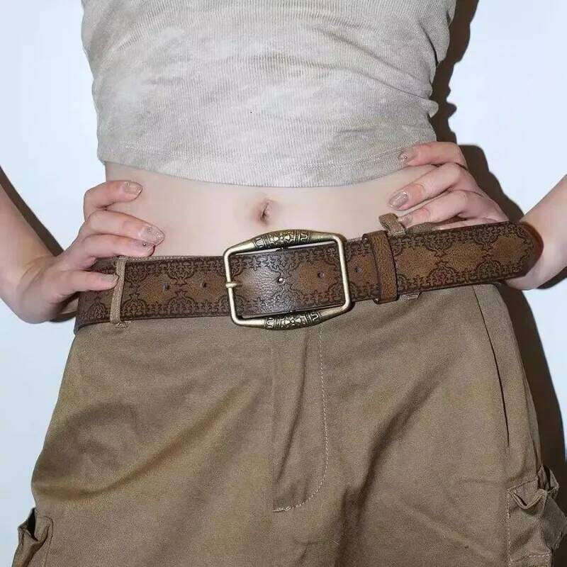 Y2K Retro Pu Embossed Belt American Vintage Leather Waistband Punk Brown Waist Deco Belts Unisex Streetwear Fashion Accessories Y260225