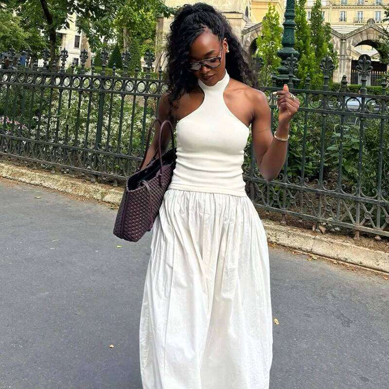 Dresses Summer Women's 2025 New Chic Elastic Slim Elegant Hanging Neck Long Women Street Fashion Youth Holiday Dress XJ260225