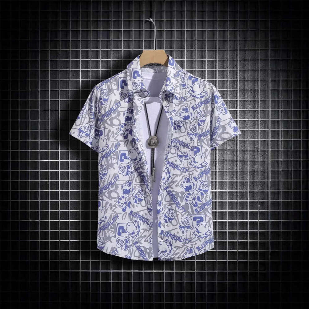 Men's Sleeve Shirt Breathable Summer Korean Style Trendy Printed Half Loose Cut Fits All Body Types, Perfect For Daily Outings And Beach Vacation