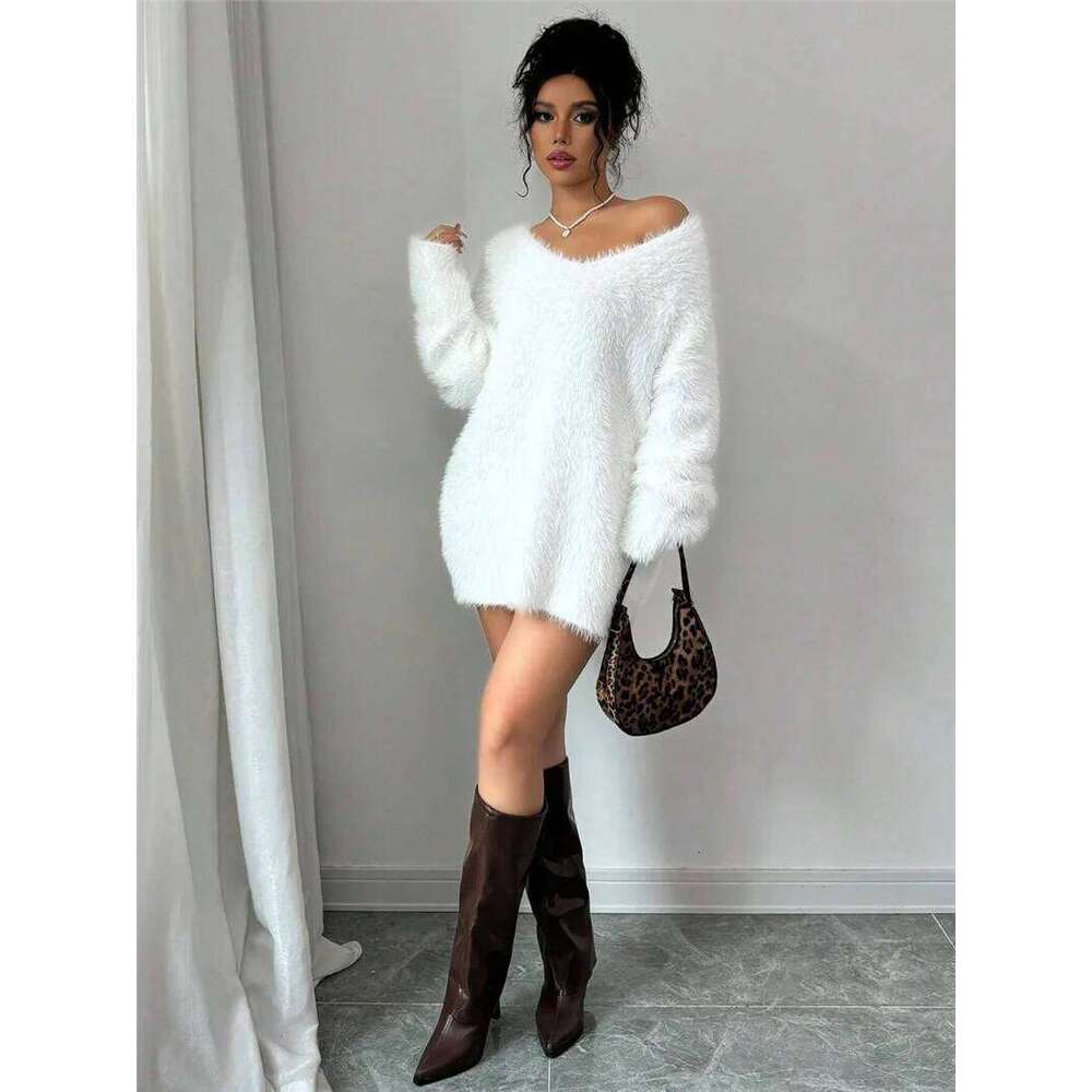 O Neck Long Sleeve Women's Plush Dress Sweater Autumn Winter New Style Cross-Border Fashion Elegant Vestidos Female Garment XJ260225