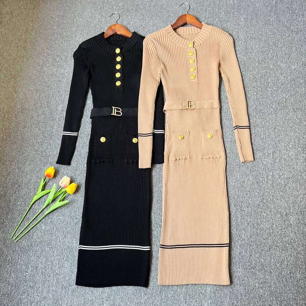 YuooMuoo Chic Fashion Elegant Package Hips Knitted Midi 2025 Autumn Winter Brand Style Lady Belted Bodycon Black Dress XJ260225